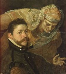 Flemish School, 17th Century Style Portrait of a Gentleman with an Allegorical Figure Behind Him